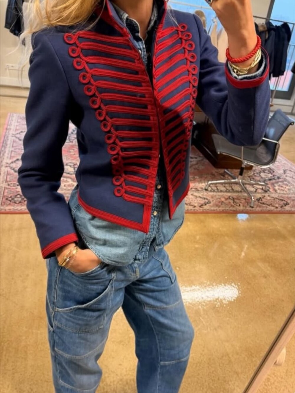 Military-Inspired Navy and Red Women's Jacket